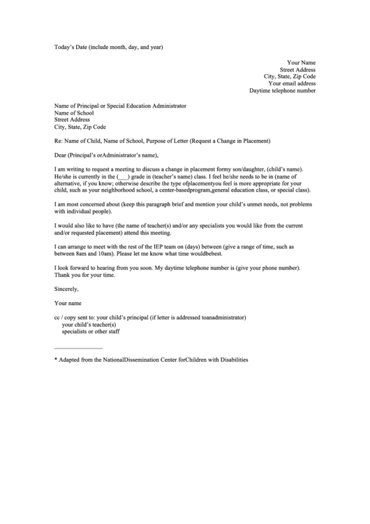 Request A Change In Placement Letter Template printable pdf download