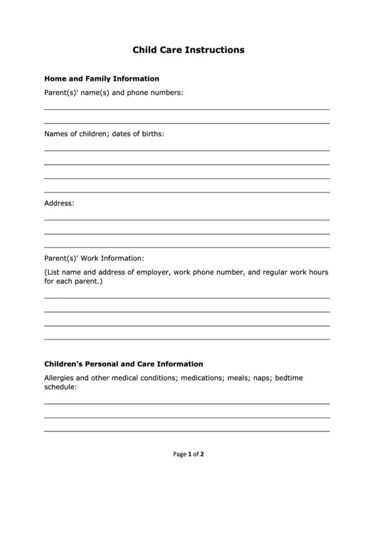 Child Care Instructions printable pdf download
