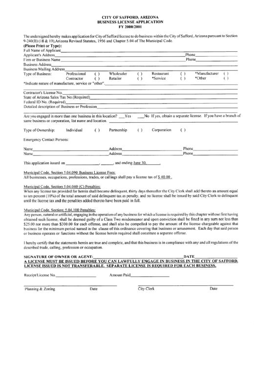 Business License Application City Of Safford 2000/2001 printable
