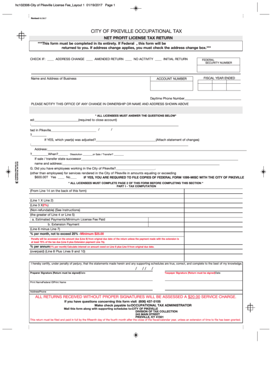 Net Profit License Tax Return City Of Pikeville 2017 printable pdf