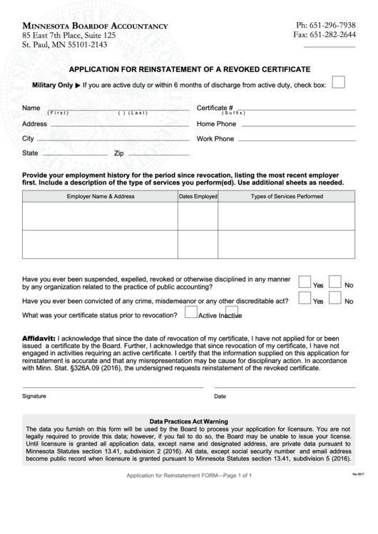 Fillable Application For Reinstatement Of A Revoked Certificate