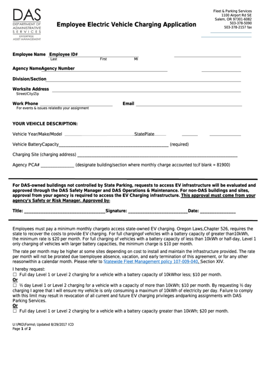 Fillable Employee Electric Vehicle Charging Application Oregon