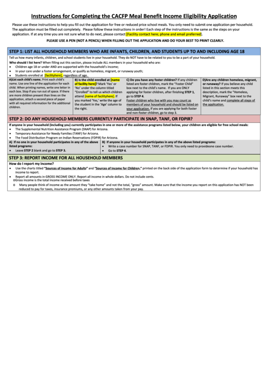 Instructions For Completing The Cacfp Meal Benefit Eligibility Application Arizona