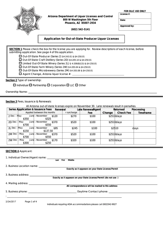 Fillable Application For OutOfState Producer Liquor Licenses Arizona