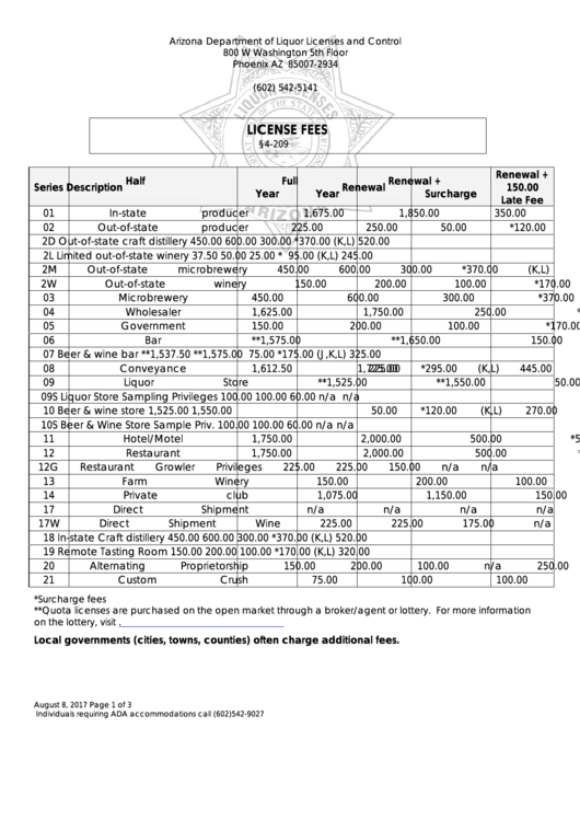License Fees Arizona Department Of Liquor Licenses And Control