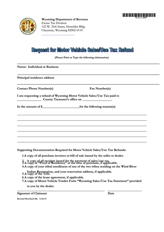 Request For Motor Vehicle Sales/use Tax Refund Wyoming Department Of