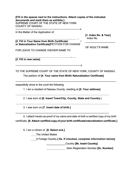 Fillable Petition For Change Of Adult'S Name New York Supreme Court