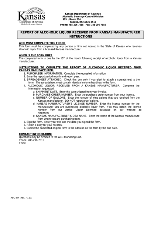 Form Abc274 Report Of Alcoholic Liquor Received From Kansas