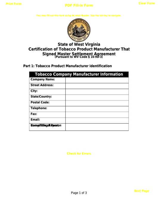 Fillable State Of West Virginia Certification Of Tobacco Product