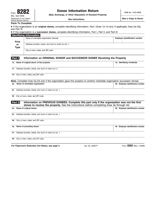 Fillable Form 8282 Donee Information Return printable pdf download