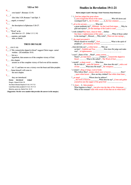 Bible Studies In Revelation 19121 Bible Activity Sheest With Answers