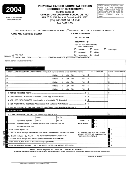 Individual Earned Tax Return Borough Of Quakertown 2004