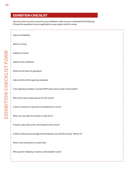 Exhibition Checklist Form printable pdf download