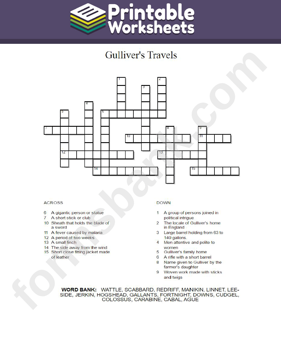 Gulliver'S Travel Crossword Puzzle Template printable pdf download