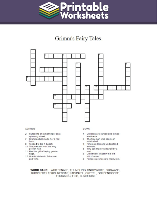 Grimm'S Fairy Tales Crossword Puzzle Template printable pdf download