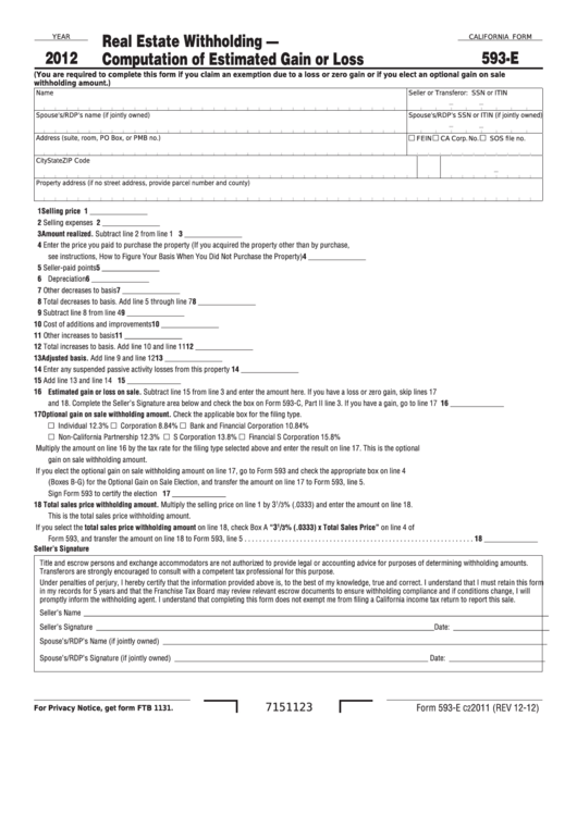 Fillable California Form 593E Real Estate Withholding Computation