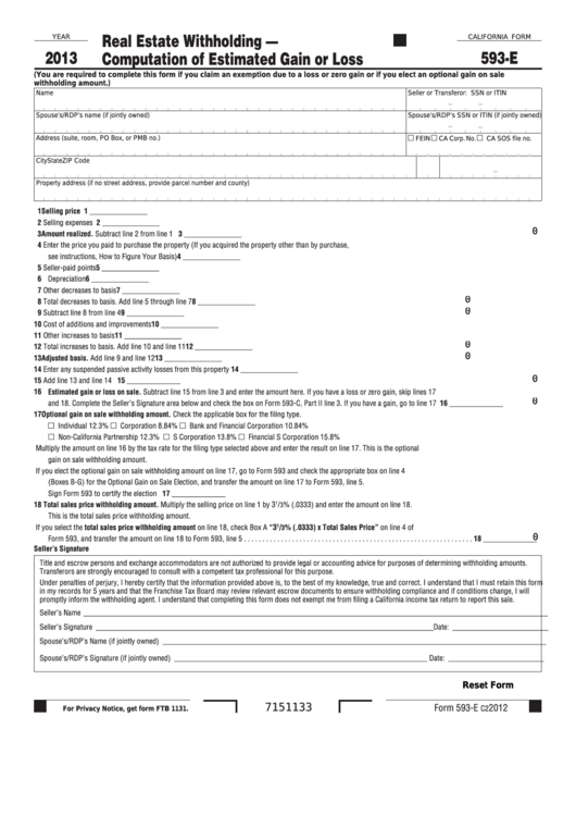 Fillable California Form 593E Real Estate Withholding Computation