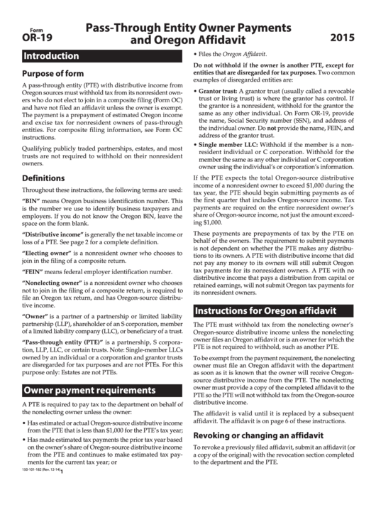 PassThrough Entity Owner Payments And Oregon Affidavit 2015