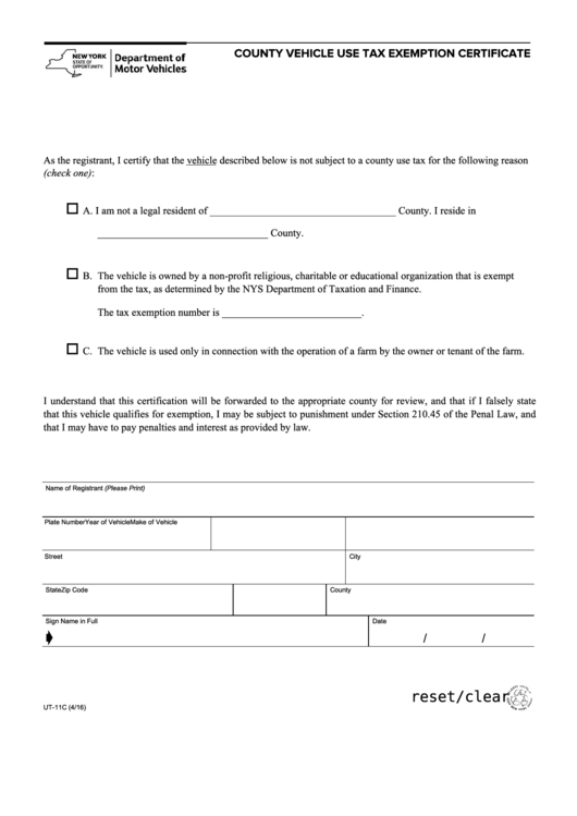 Fillable Form Ut11c County Vehicle Use Tax Exemption Certificate