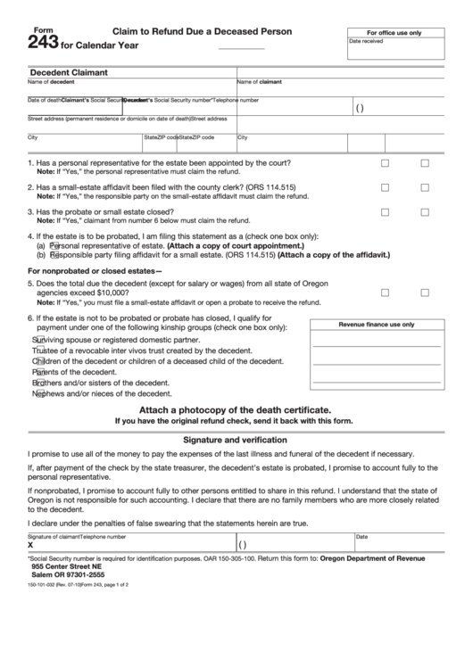 Fillable Form 243 Claim To Refund Due A Deceased Person printable pdf
