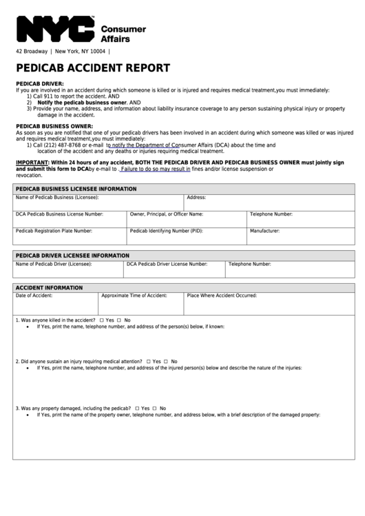 Fillable Pedicab Accident Report Nyc Department Of Consumer Affairs