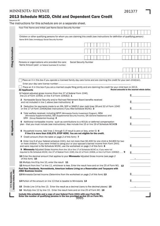 Fillable Schedule M1cd Child And Dependent Care Credit 2013