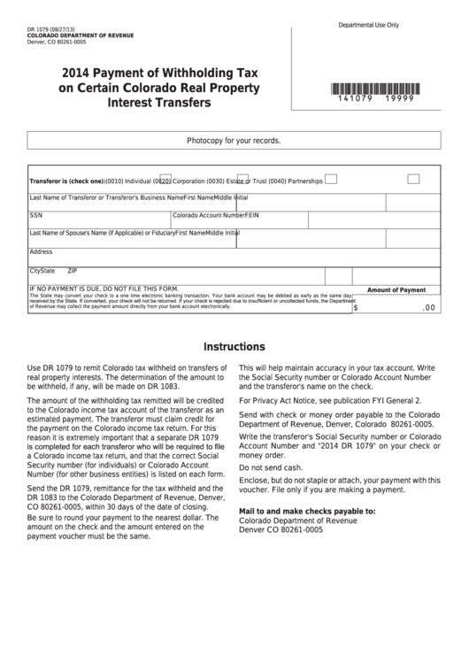 Fillable Form Dr 1079 Payment Of Withholding Tax On Certain Colorado