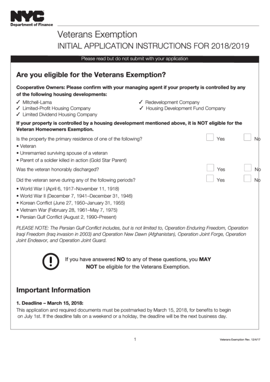Veterans Exemption Initial Application For 2018/2019 New York