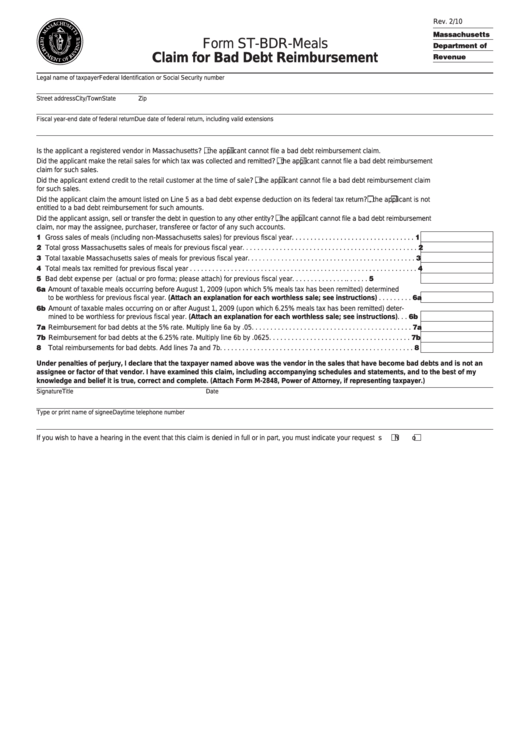 Fillable Form StBdrMeals Claim For Bad Debt Reimbursement printable