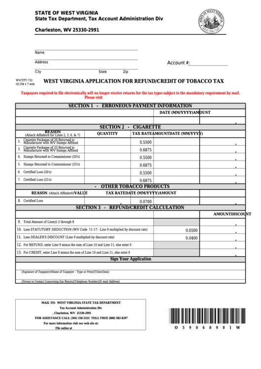 Fillable Form Wv/tpt722 West Virginia Application For