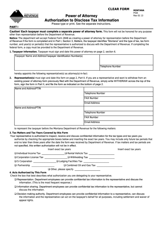 Fillable Form Poa Power Of Attorney Authorization To Disclose Tax Information printable pdf