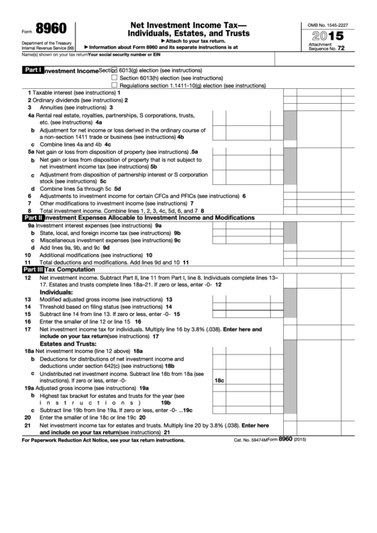 Fillable Form 8960 Net Investment Tax Individuals, Estates