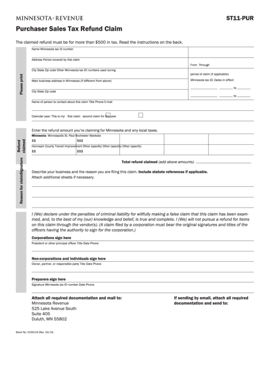 Fillable Form St11 Pur Purchaser Sales Tax Refund Claim And Schedule