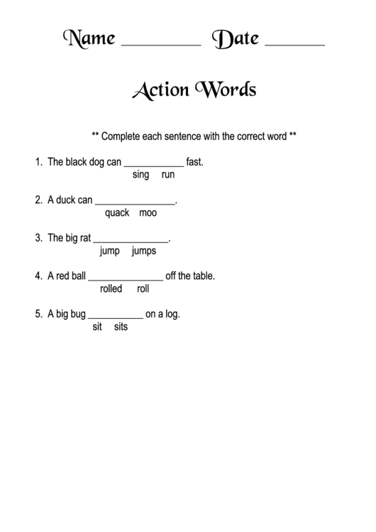 Action Words Worksheet Template printable pdf download