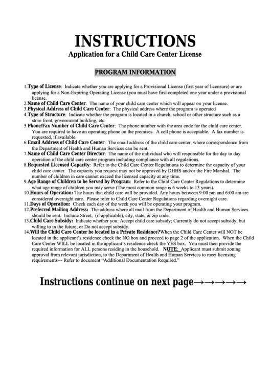 Fillable Application For A Child Care Center License Form Dhhs