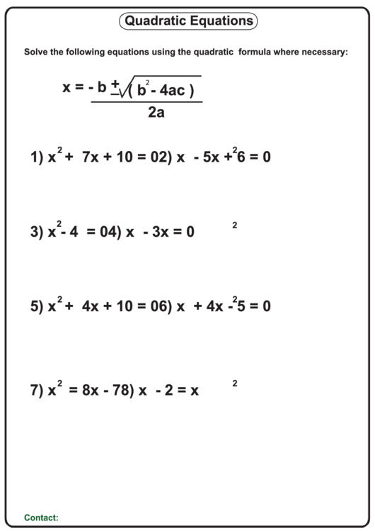 Quadratic Equations Worksheet With Answer Key printable pdf download