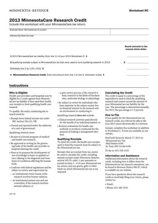Worksheet Rc Minnesotacare Research Credit 2013 printable pdf download
