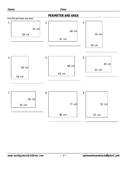 Perimeter & Area Worksheet With Answer Key printable pdf download