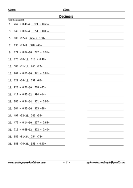 Decimal Division Worksheet With Answer Key printable pdf download