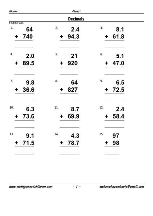 Decimal Addition Worksheet With Answer Key printable pdf download