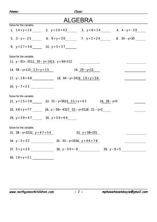 Single Variable Worksheet With Answer Key printable pdf download