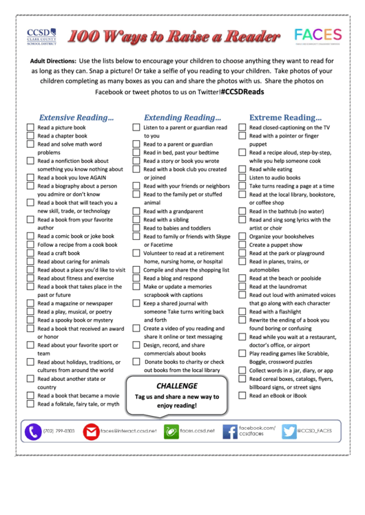 100 Ways To Raise A Reader Checklist Template printable pdf download