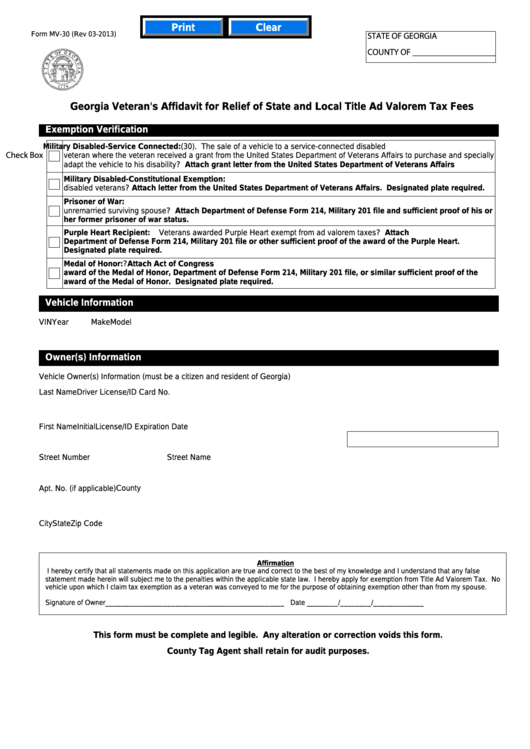 Fillable Form Mv30 Veteran'S Affidavit For Relief Of State