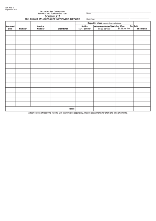 Fillable Form AlcWl82 Schedule 2 Oklahoma Wholesaler Receiving