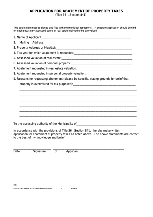 Application For Abatement Of Property Taxes printable pdf download