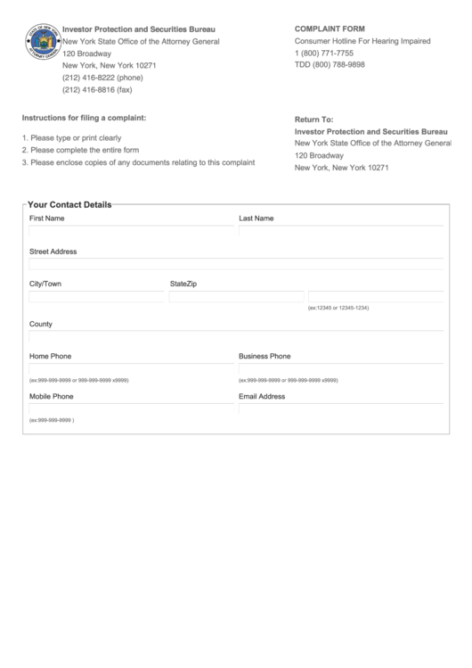 Form Ipb001 Complaint Form New York State Office Of The Attorney