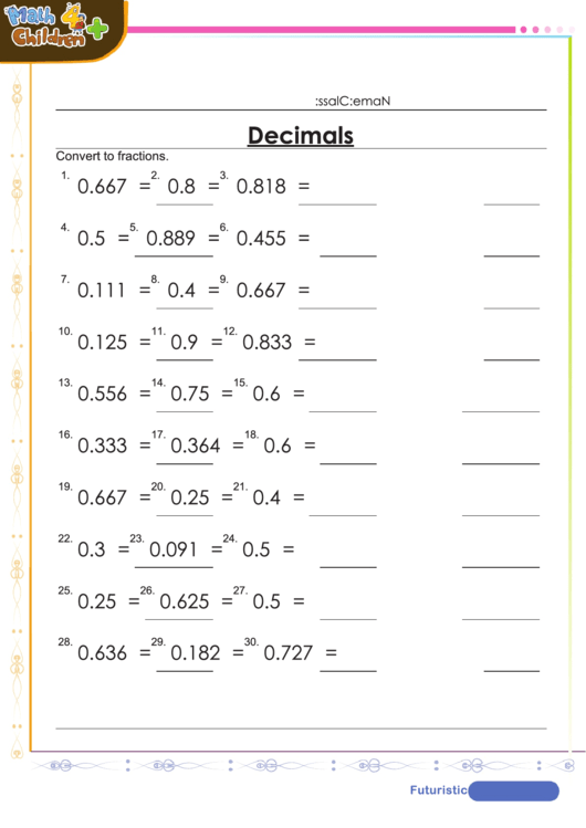 Convert To Fractions Decimal Worksheet Template With Answers printable