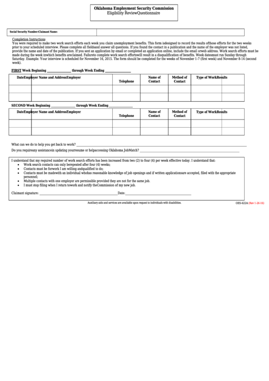 Form Oes622a Eligibility Review Questionnaire printable pdf download