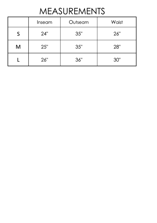 Pants Size Chart printable pdf download