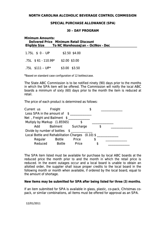 Special Purchase Allowance (Spa) North Carolina Alcoholic Beverage Control Commission